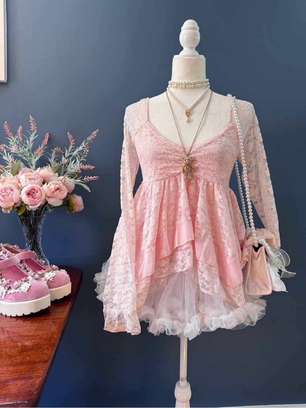 Altar’d State Pink Lace Babydoll Top | Coquette Fairycore Balletcore Romantic